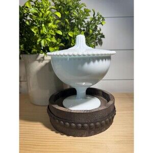 VTG Indiana White Milk Glass Lidded Pedestal Compote Candy Dish Beaded Trim, MCM